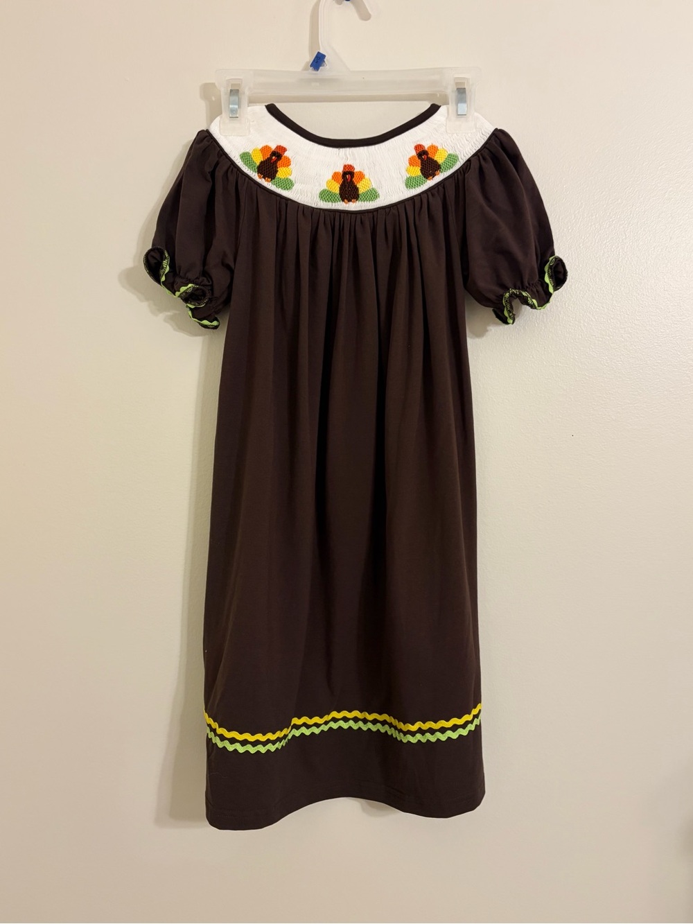 Smocked Frocks | Brown Thanksgiving Smocked Dress with Embroidered Turkeys 3t